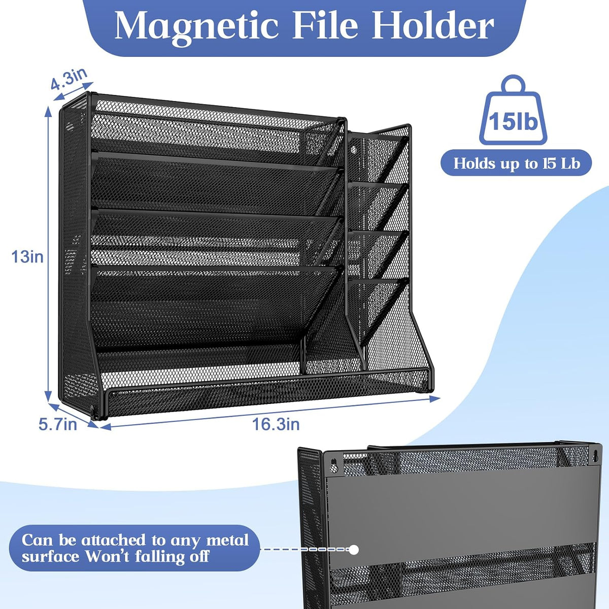 Adjustable 5 Tiers Wall File Organizer Metal Hanging Holder Black