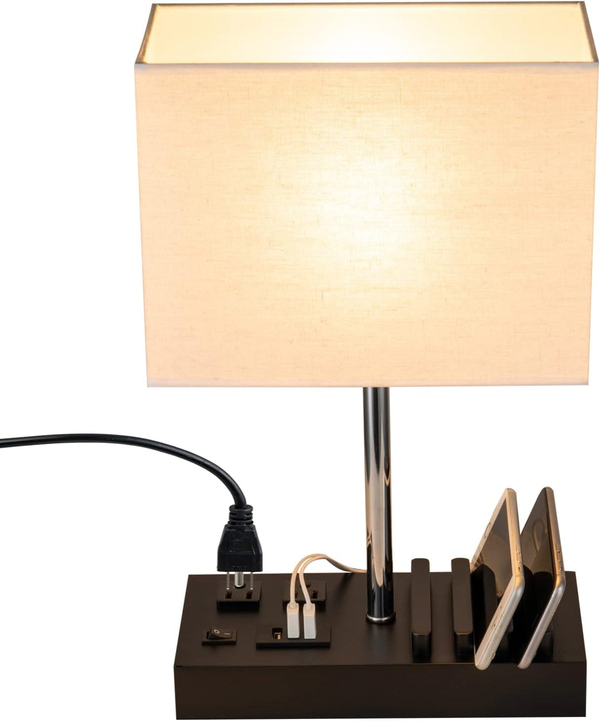 USB Table Lamp, Multi-Functional Desk Lamp with 2 AC Outlets, Bedside Lamp with 3 USB Charging Ports and Wooden Phone Stands, Nightstand Lamp for Bedroom, Livingroom, Office, Linen Shade