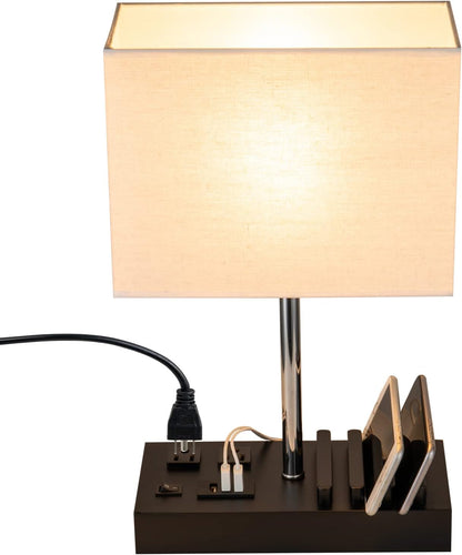 USB Table Lamp, Multi-Functional Desk Lamp with 2 AC Outlets, Bedside Lamp with 3 USB Charging Ports and Wooden Phone Stands, Nightstand Lamp for Bedroom, Livingroom, Office, Linen Shade