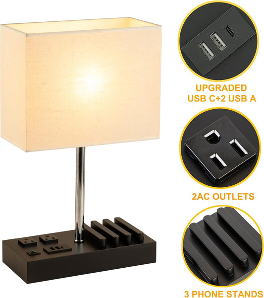 USB Table Lamp, Multi-Functional Desk Lamp with 2 AC Outlets, Bedside Lamp with 3 USB Charging Ports and Wooden Phone Stands, Nightstand Lamp for Bedroom, Livingroom, Office, Linen Shade