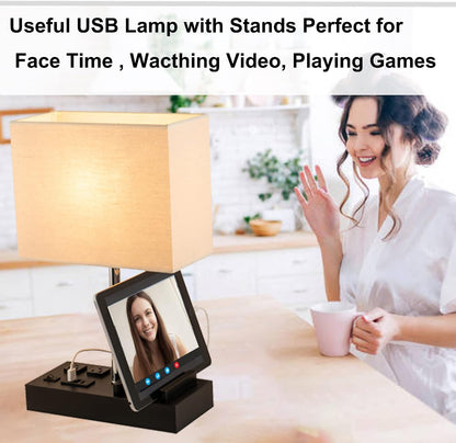 USB Table Lamp, Multi-Functional Desk Lamp with 2 AC Outlets, Bedside Lamp with 3 USB Charging Ports and Wooden Phone Stands, Nightstand Lamp for Bedroom, Livingroom, Office, Linen Shade