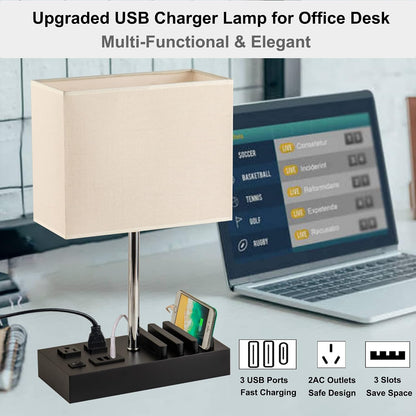 USB Table Lamp, Multi-Functional Desk Lamp with 2 AC Outlets, Bedside Lamp with 3 USB Charging Ports and Wooden Phone Stands, Nightstand Lamp for Bedroom, Livingroom, Office, Linen Shade