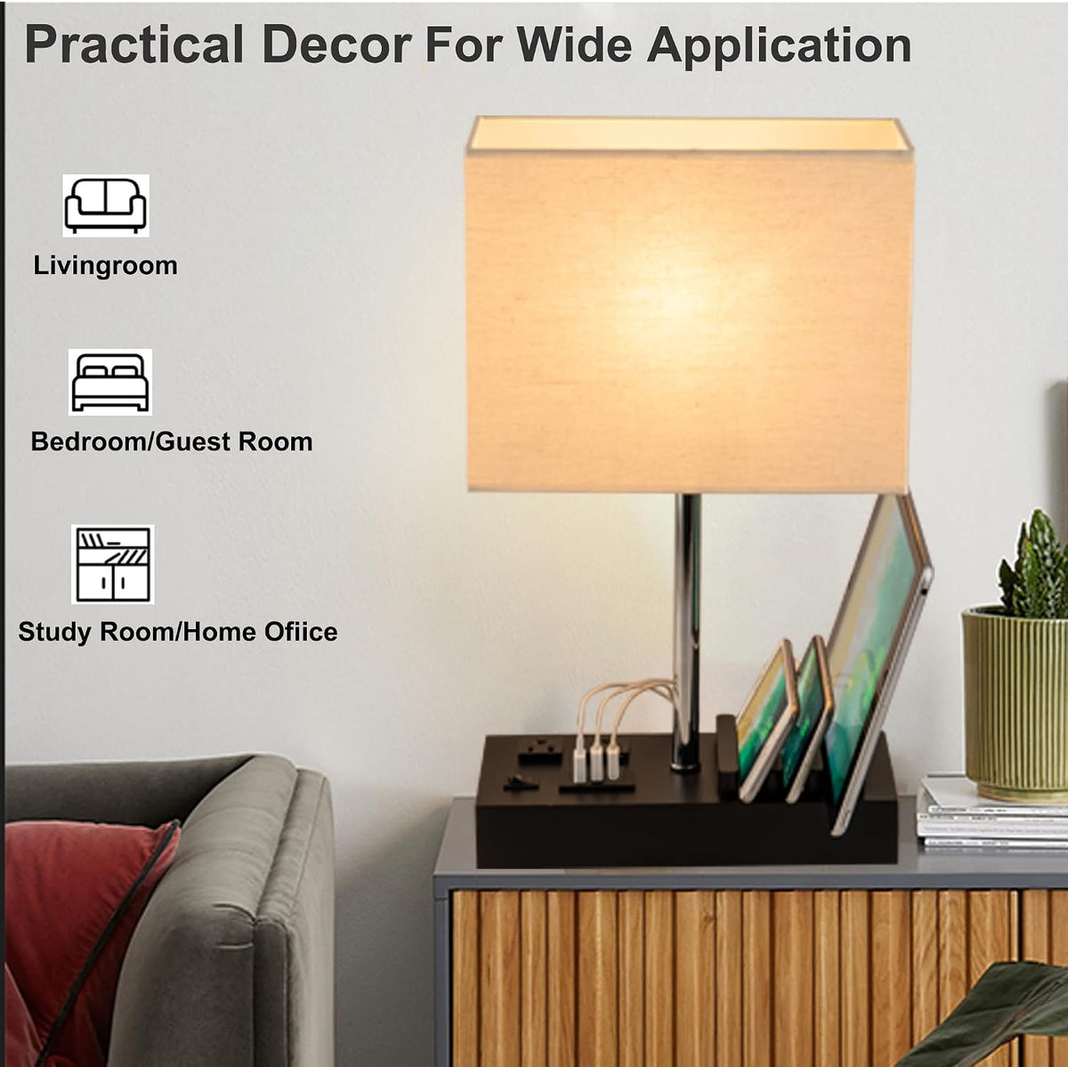 USB Table Lamp, Multi-Functional Desk Lamp with 2 AC Outlets, Bedside Lamp with 3 USB Charging Ports and Wooden Phone Stands, Nightstand Lamp for Bedroom, Livingroom, Office, Linen Shade