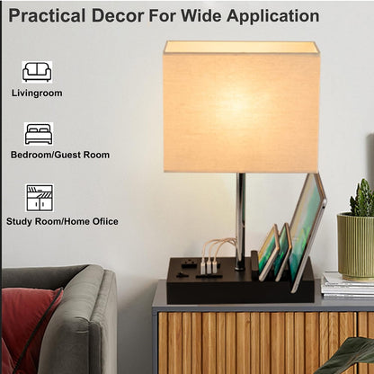 USB Table Lamp, Multi-Functional Desk Lamp with 2 AC Outlets, Bedside Lamp with 3 USB Charging Ports and Wooden Phone Stands, Nightstand Lamp for Bedroom, Livingroom, Office, Linen Shade