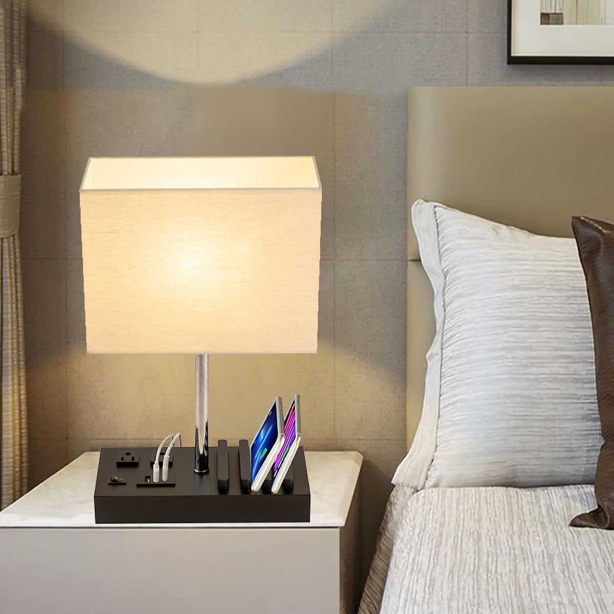 USB Table Lamp, Multi-Functional Desk Lamp with 2 AC Outlets, Bedside Lamp with 3 USB Charging Ports and Wooden Phone Stands, Nightstand Lamp for Bedroom, Livingroom, Office, Linen Shade