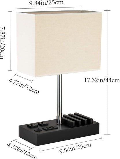 USB Table Lamp, Multi-Functional Desk Lamp with 2 AC Outlets, Bedside Lamp with 3 USB Charging Ports and Wooden Phone Stands, Nightstand Lamp for Bedroom, Livingroom, Office, Linen Shade