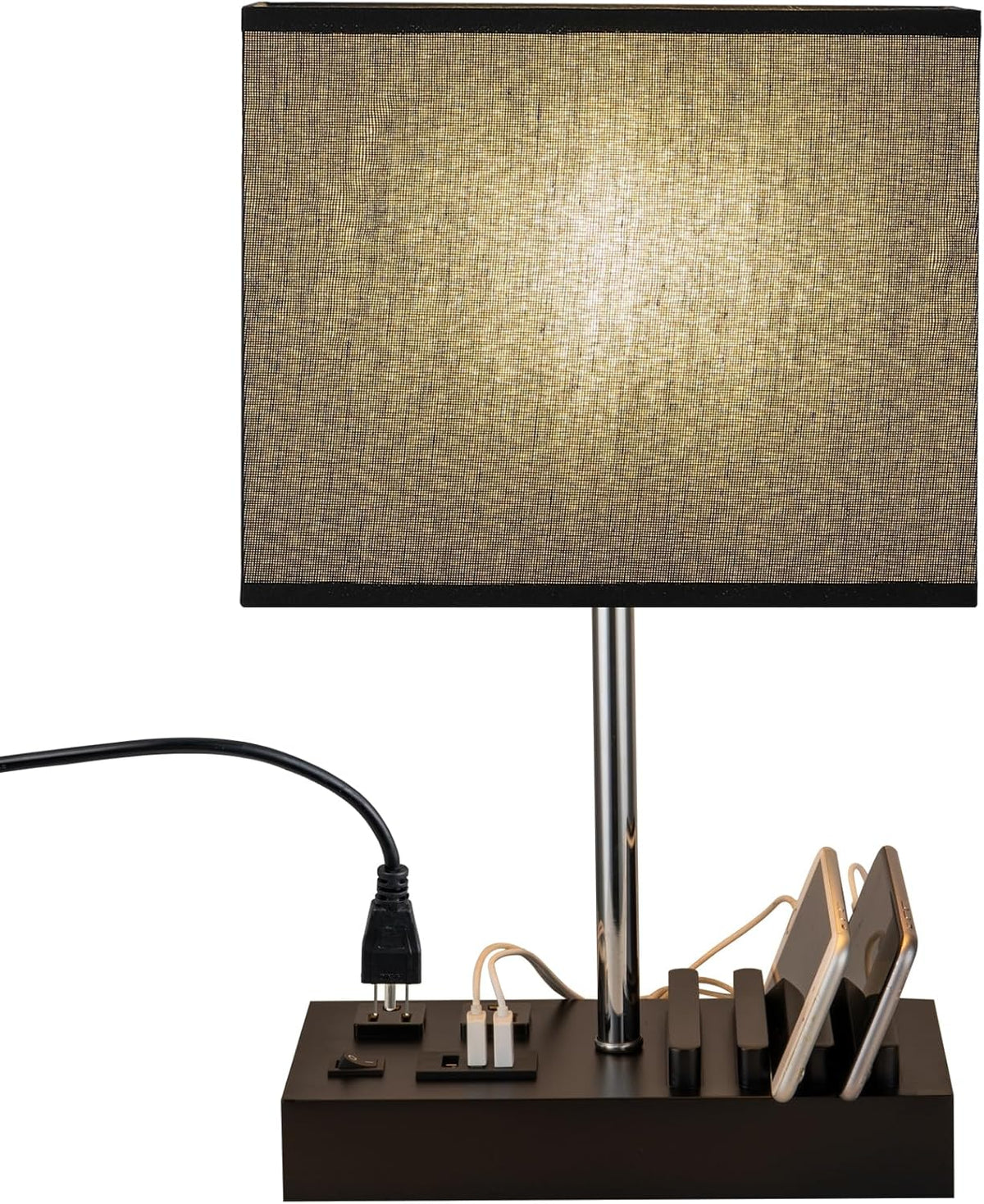 USB Table Lamp, Multi-Functional Desk Lamp with 2 AC Outlets, Bedside Lamp with 3 USB Charging Ports and Wooden Phone Stands, Nightstand Lamp for Bedroom, Livingroom, Office, Linen Shade