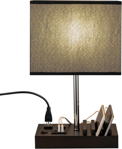 USB Table Lamp, Multi-Functional Desk Lamp with 2 AC Outlets, Bedside Lamp with 3 USB Charging Ports and Wooden Phone Stands, Nightstand Lamp for Bedroom, Livingroom, Office, Linen Shade