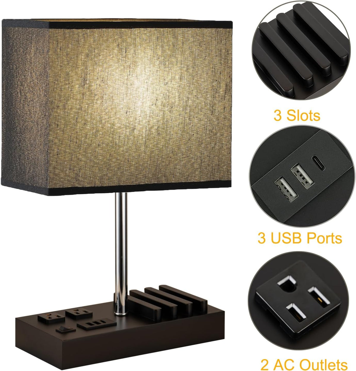 USB Table Lamp, Multi-Functional Desk Lamp with 2 AC Outlets, Bedside Lamp with 3 USB Charging Ports and Wooden Phone Stands, Nightstand Lamp for Bedroom, Livingroom, Office, Linen Shade