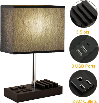 USB Table Lamp, Multi-Functional Desk Lamp with 2 AC Outlets, Bedside Lamp with 3 USB Charging Ports and Wooden Phone Stands, Nightstand Lamp for Bedroom, Livingroom, Office, Linen Shade