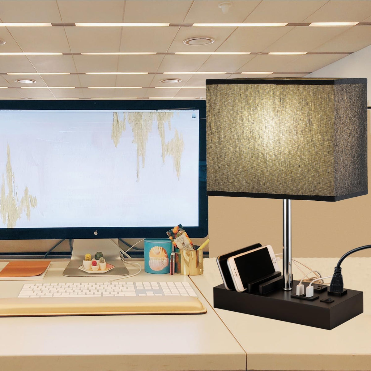 USB Table Lamp, Multi-Functional Desk Lamp with 2 AC Outlets, Bedside Lamp with 3 USB Charging Ports and Wooden Phone Stands, Nightstand Lamp for Bedroom, Livingroom, Office, Linen Shade
