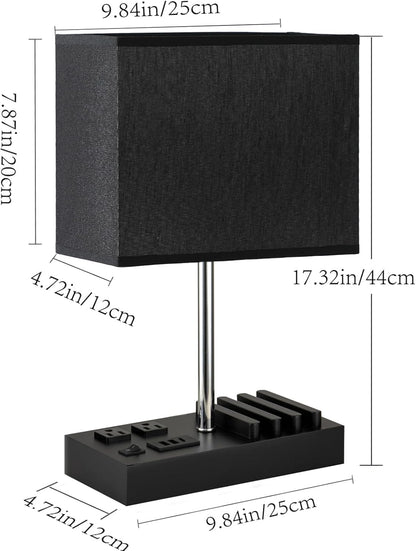 USB Table Lamp, Multi-Functional Desk Lamp with 2 AC Outlets, Bedside Lamp with 3 USB Charging Ports and Wooden Phone Stands, Nightstand Lamp for Bedroom, Livingroom, Office, Linen Shade