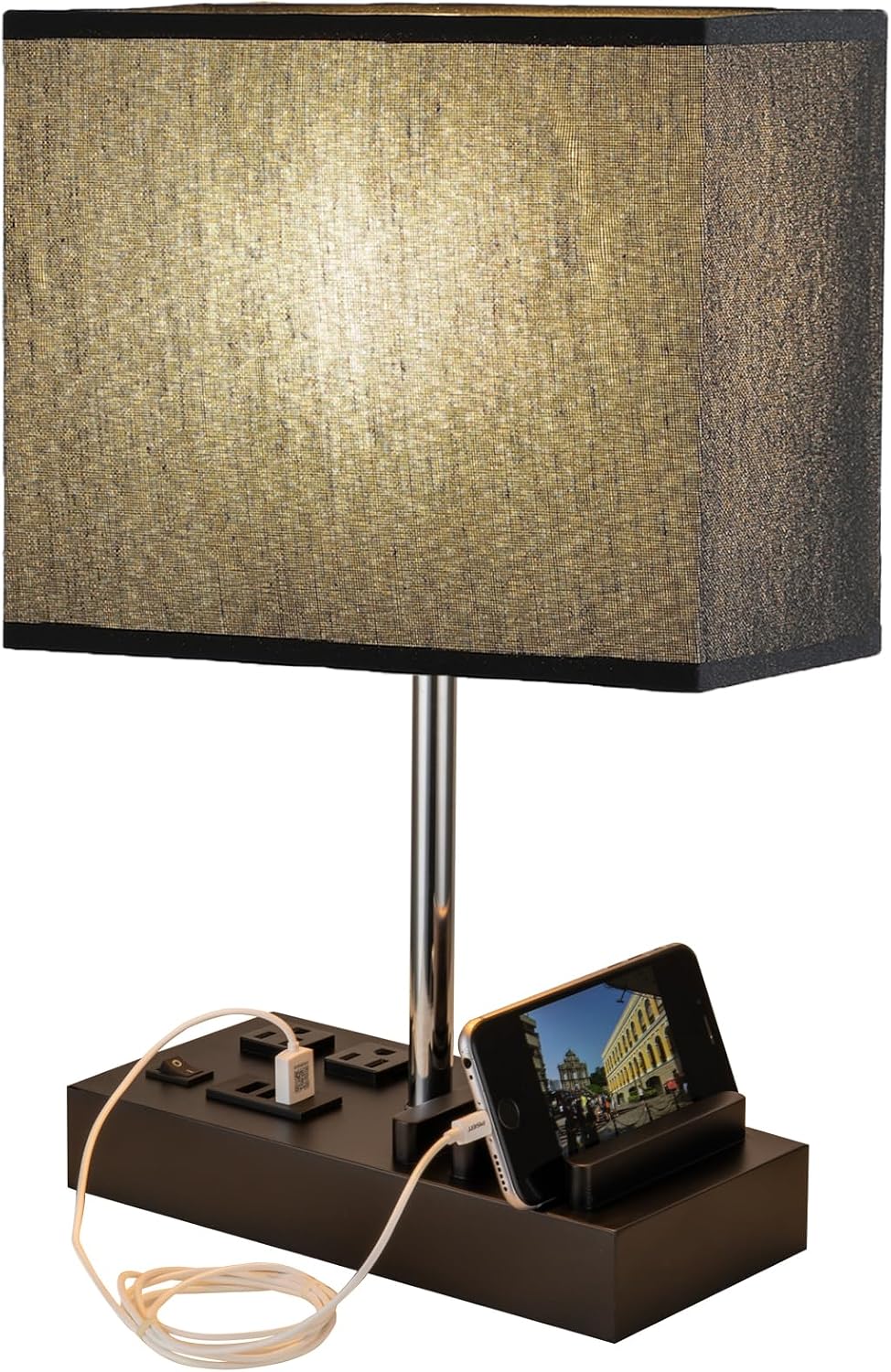 USB Table Lamp, Multi-Functional Desk Lamp with 2 AC Outlets, Bedside Lamp with 3 USB Charging Ports and Wooden Phone Stands, Nightstand Lamp for Bedroom, Livingroom, Office, Linen Shade