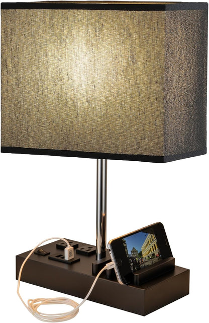 USB Table Lamp, Multi-Functional Desk Lamp with 2 AC Outlets, Bedside Lamp with 3 USB Charging Ports and Wooden Phone Stands, Nightstand Lamp for Bedroom, Livingroom, Office, Linen Shade