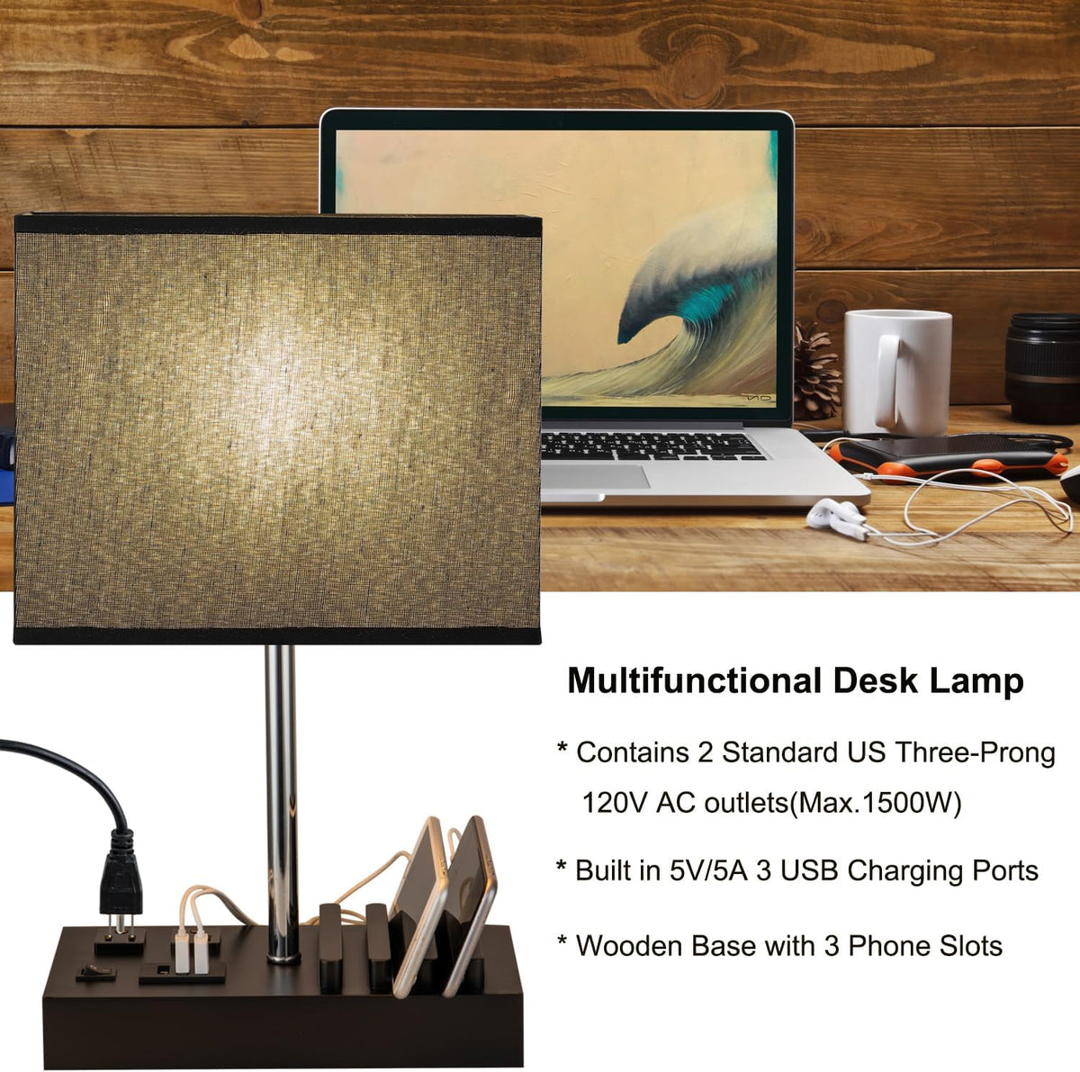 USB Table Lamp, Multi-Functional Desk Lamp with 2 AC Outlets, Bedside Lamp with 3 USB Charging Ports and Wooden Phone Stands, Nightstand Lamp for Bedroom, Livingroom, Office, Linen Shade