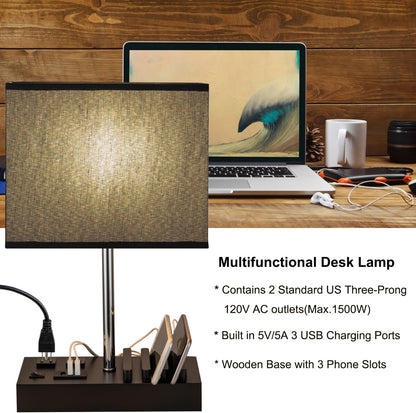 USB Table Lamp, Multi-Functional Desk Lamp with 2 AC Outlets, Bedside Lamp with 3 USB Charging Ports and Wooden Phone Stands, Nightstand Lamp for Bedroom, Livingroom, Office, Linen Shade