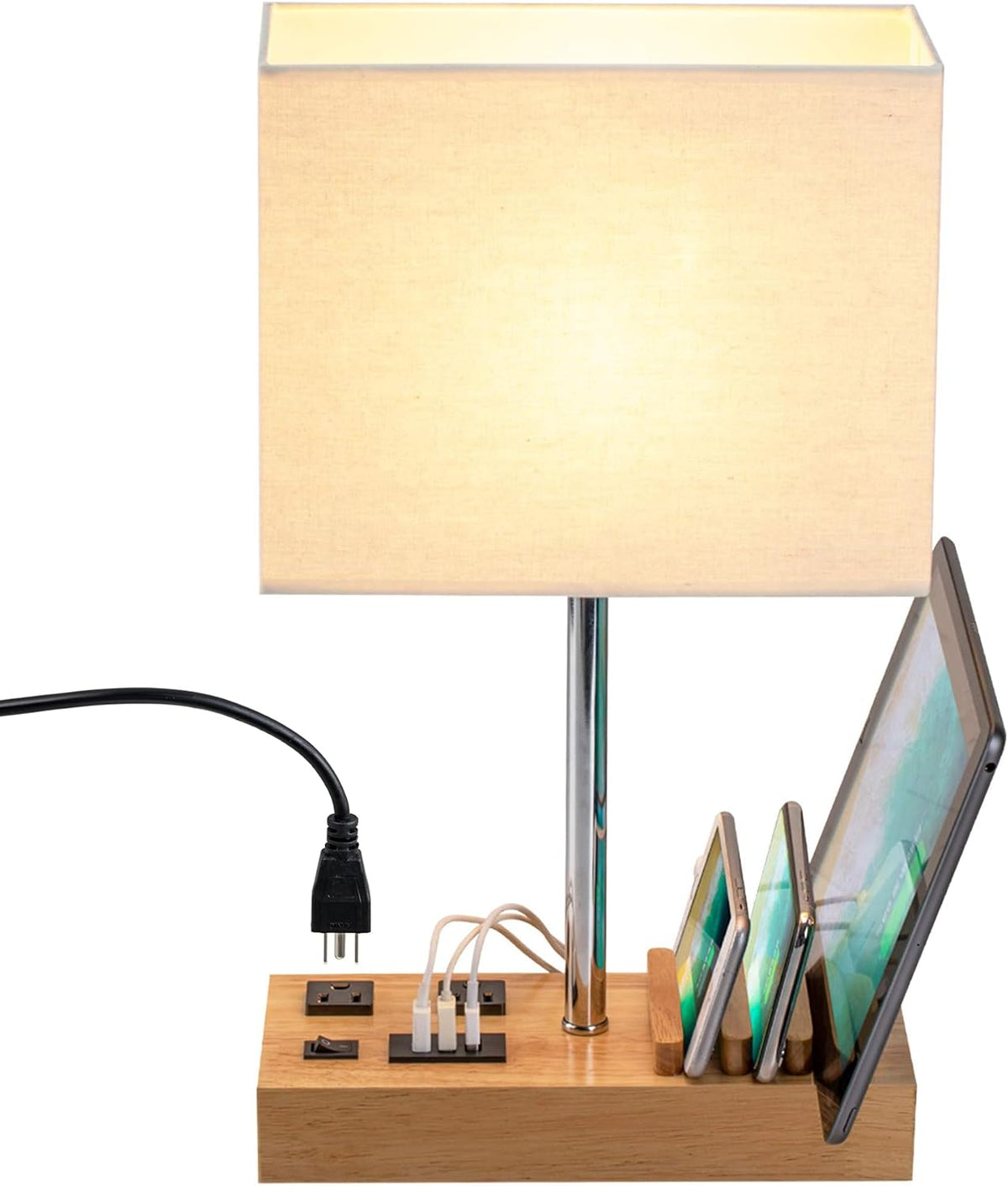 USB Table Lamp, Multi-Functional Desk Lamp with 2 AC Outlets, Bedside Lamp with 3 USB Charging Ports and Wooden Phone Stands, Nightstand Lamp for Bedroom, Livingroom, Office, Linen Shade