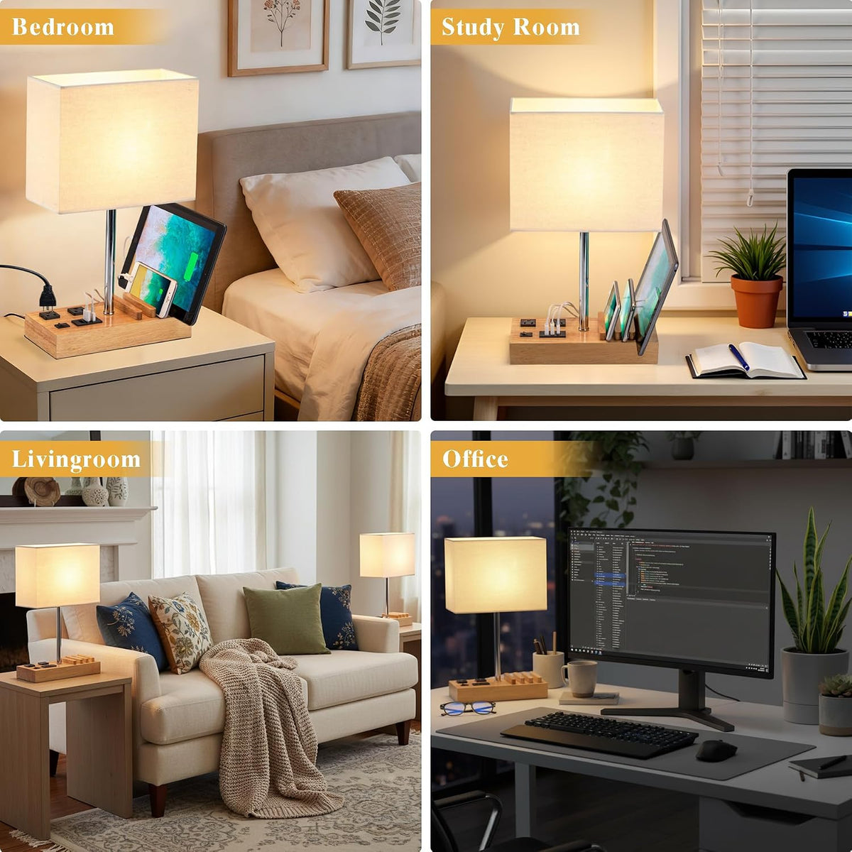 USB Table Lamp, Multi-Functional Desk Lamp with 2 AC Outlets, Bedside Lamp with 3 USB Charging Ports and Wooden Phone Stands, Nightstand Lamp for Bedroom, Livingroom, Office, Linen Shade