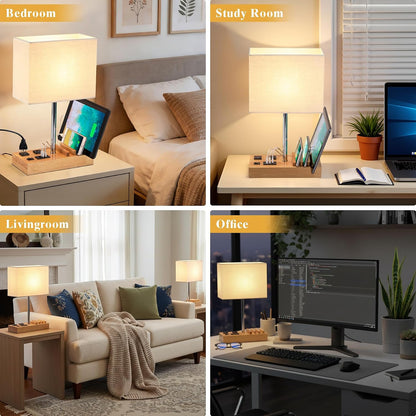USB Table Lamp, Multi-Functional Desk Lamp with 2 AC Outlets, Bedside Lamp with 3 USB Charging Ports and Wooden Phone Stands, Nightstand Lamp for Bedroom, Livingroom, Office, Linen Shade