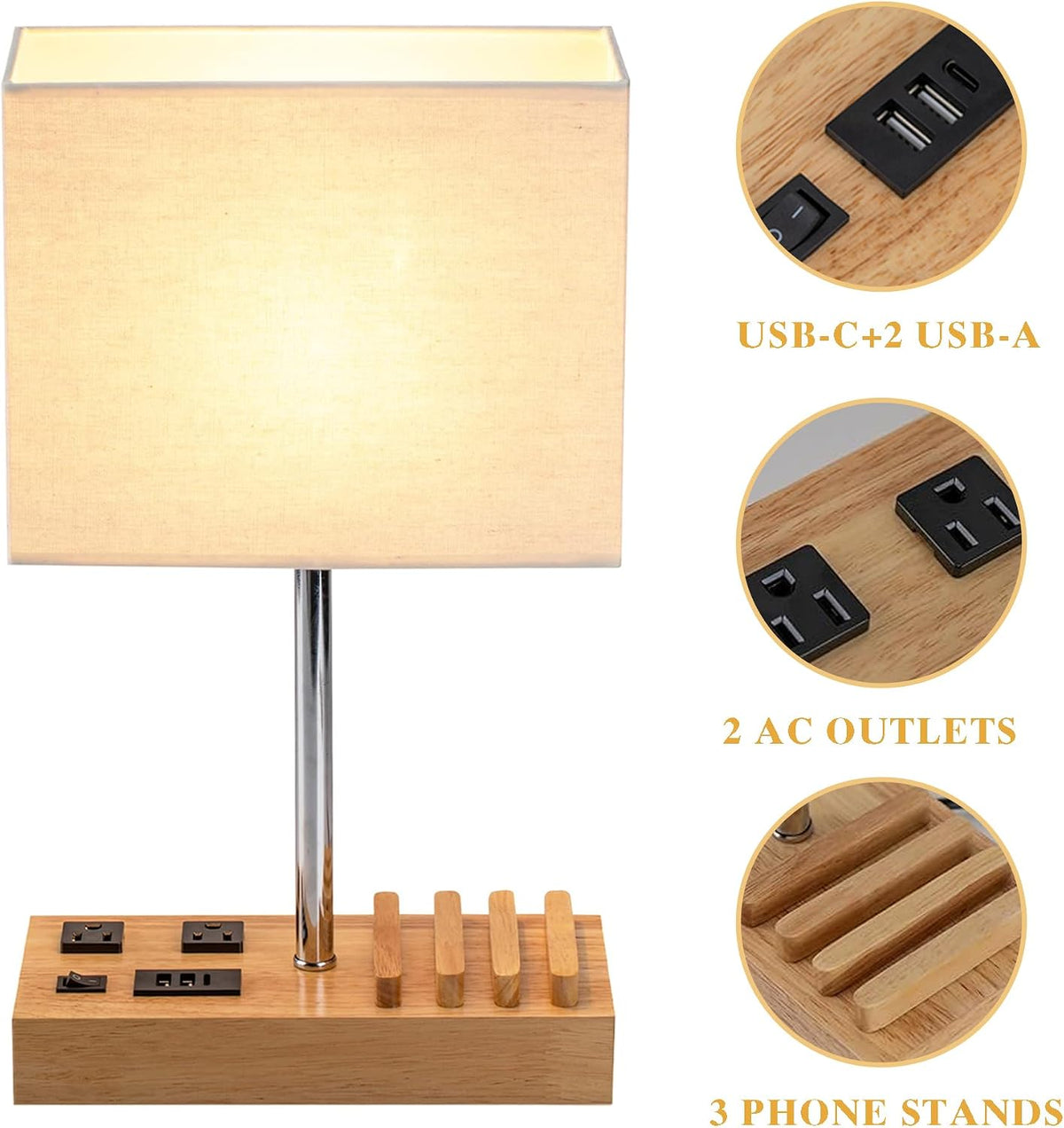 USB Table Lamp, Multi-Functional Desk Lamp with 2 AC Outlets, Bedside Lamp with 3 USB Charging Ports and Wooden Phone Stands, Nightstand Lamp for Bedroom, Livingroom, Office, Linen Shade
