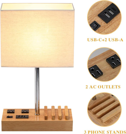 USB Table Lamp, Multi-Functional Desk Lamp with 2 AC Outlets, Bedside Lamp with 3 USB Charging Ports and Wooden Phone Stands, Nightstand Lamp for Bedroom, Livingroom, Office, Linen Shade
