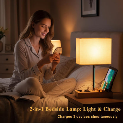 USB Table Lamp, Multi-Functional Desk Lamp with 2 AC Outlets, Bedside Lamp with 3 USB Charging Ports and Wooden Phone Stands, Nightstand Lamp for Bedroom, Livingroom, Office, Linen Shade
