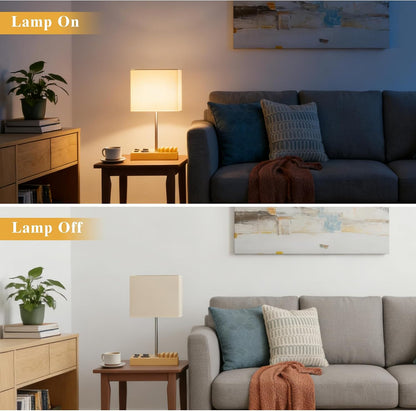 USB Table Lamp, Multi-Functional Desk Lamp with 2 AC Outlets, Bedside Lamp with 3 USB Charging Ports and Wooden Phone Stands, Nightstand Lamp for Bedroom, Livingroom, Office, Linen Shade