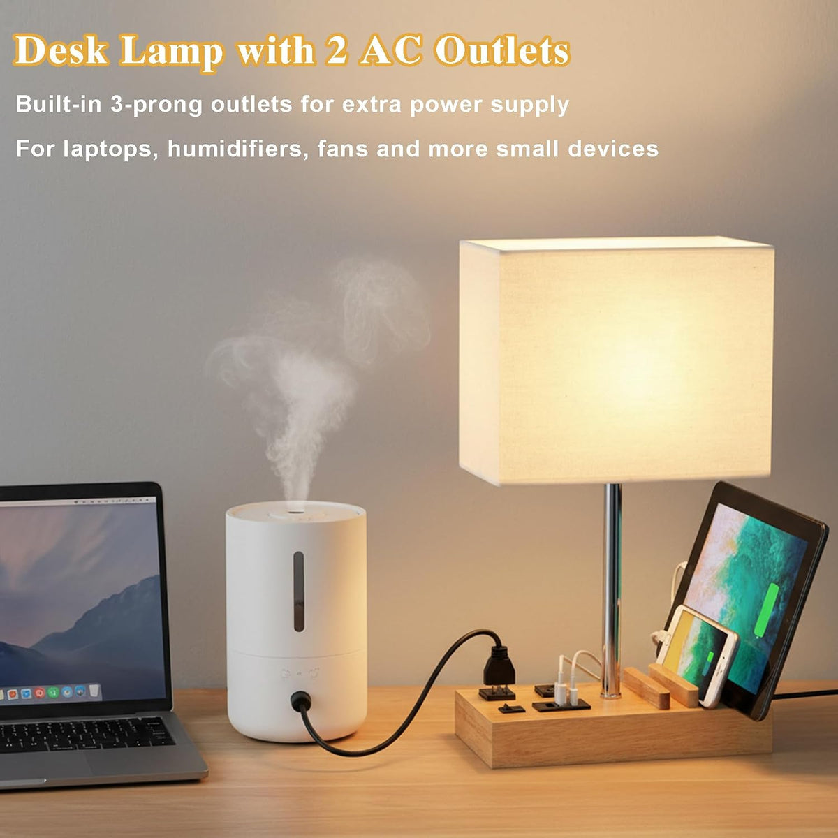 USB Table Lamp, Multi-Functional Desk Lamp with 2 AC Outlets, Bedside Lamp with 3 USB Charging Ports and Wooden Phone Stands, Nightstand Lamp for Bedroom, Livingroom, Office, Linen Shade