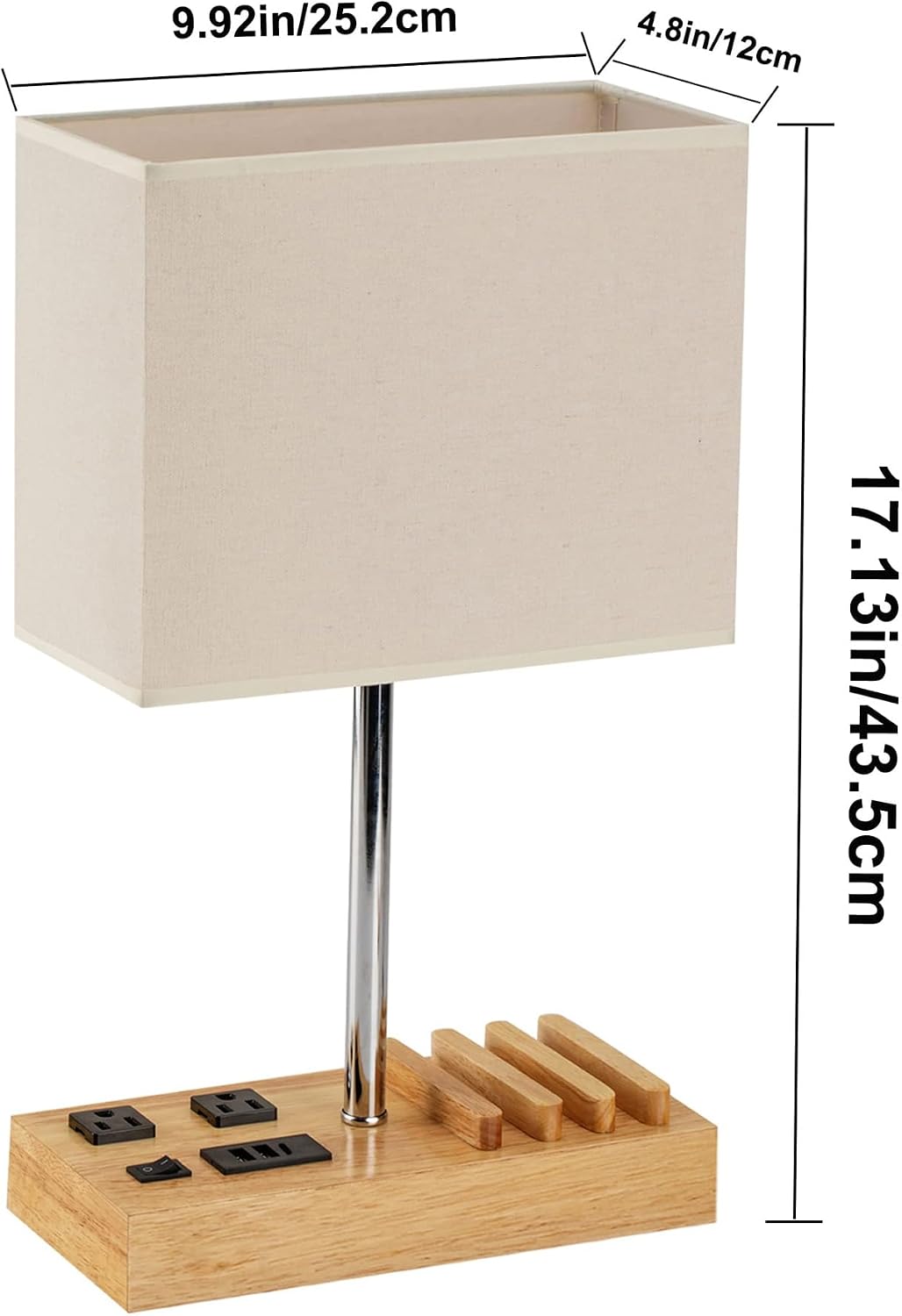 USB Table Lamp, Multi-Functional Desk Lamp with 2 AC Outlets, Bedside Lamp with 3 USB Charging Ports and Wooden Phone Stands, Nightstand Lamp for Bedroom, Livingroom, Office, Linen Shade