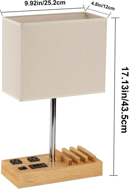 USB Table Lamp, Multi-Functional Desk Lamp with 2 AC Outlets, Bedside Lamp with 3 USB Charging Ports and Wooden Phone Stands, Nightstand Lamp for Bedroom, Livingroom, Office, Linen Shade