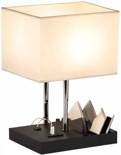 USB Table Lamp, Multi-Functional Desk Lamp with 2 AC Outlets, Bedside Lamp with 3 USB Charging Ports and Wooden Phone Stands, Nightstand Lamp for Bedroom, Livingroom, Office, Linen Shade