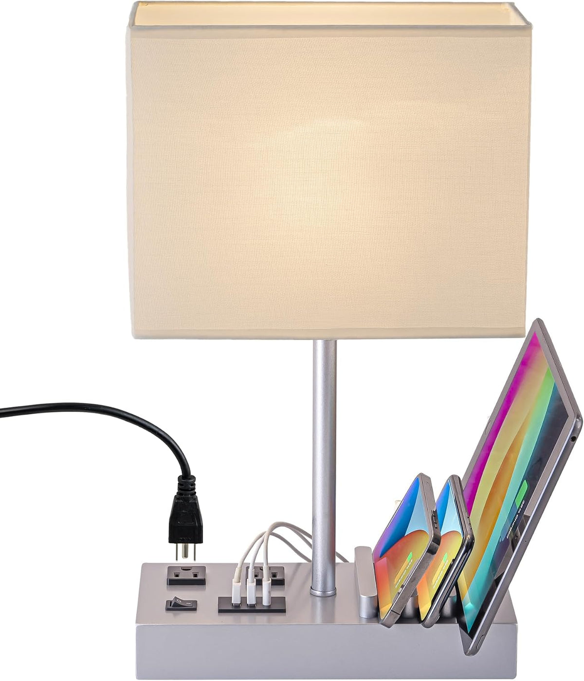 USB Table Lamp, Multi-Functional Desk Lamp with 2 AC Outlets, Bedside Lamp with 3 USB Charging Ports and Wooden Phone Stands, Nightstand Lamp for Bedroom, Livingroom, Office, Linen Shade