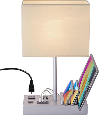 USB Table Lamp, Multi-Functional Desk Lamp with 2 AC Outlets, Bedside Lamp with 3 USB Charging Ports and Wooden Phone Stands, Nightstand Lamp for Bedroom, Livingroom, Office, Linen Shade