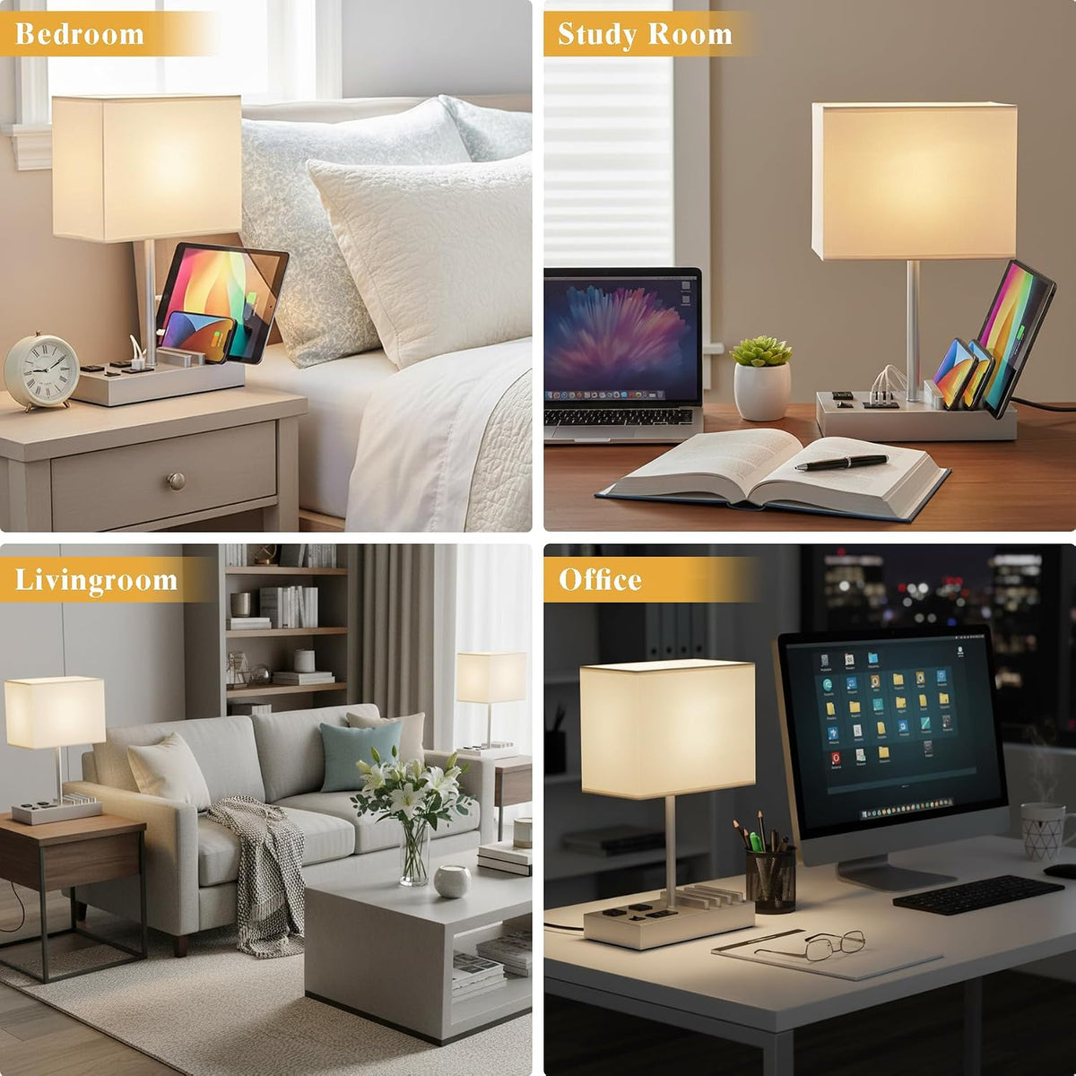 USB Table Lamp, Multi-Functional Desk Lamp with 2 AC Outlets, Bedside Lamp with 3 USB Charging Ports and Wooden Phone Stands, Nightstand Lamp for Bedroom, Livingroom, Office, Linen Shade