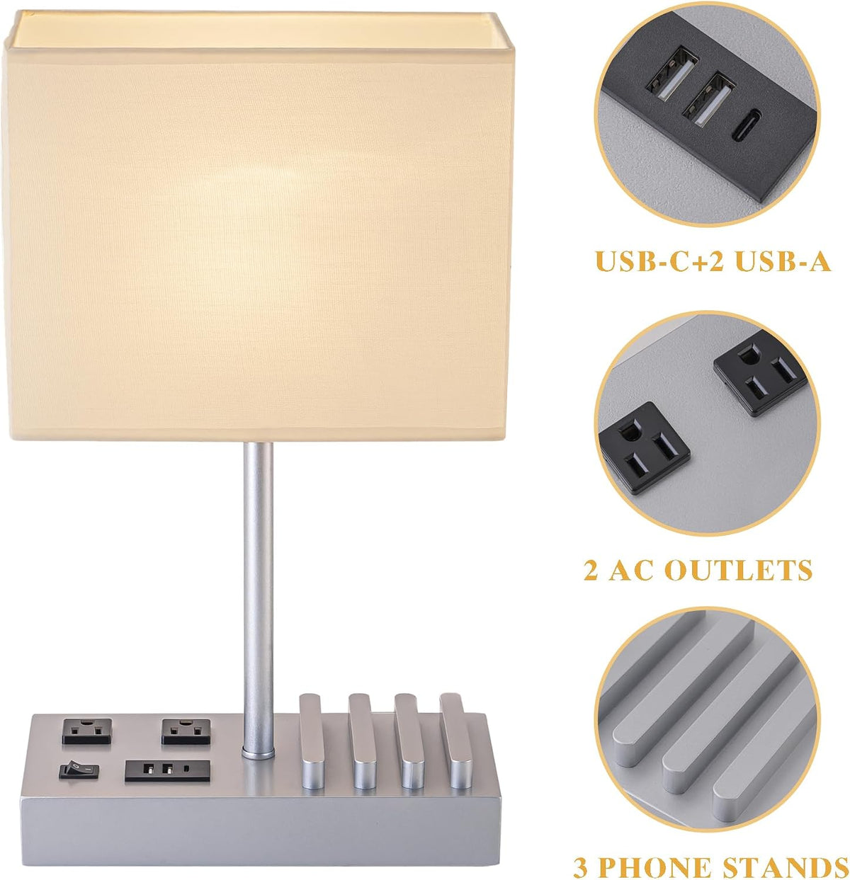 USB Table Lamp, Multi-Functional Desk Lamp with 2 AC Outlets, Bedside Lamp with 3 USB Charging Ports and Wooden Phone Stands, Nightstand Lamp for Bedroom, Livingroom, Office, Linen Shade