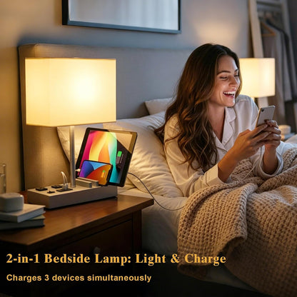 USB Table Lamp, Multi-Functional Desk Lamp with 2 AC Outlets, Bedside Lamp with 3 USB Charging Ports and Wooden Phone Stands, Nightstand Lamp for Bedroom, Livingroom, Office, Linen Shade