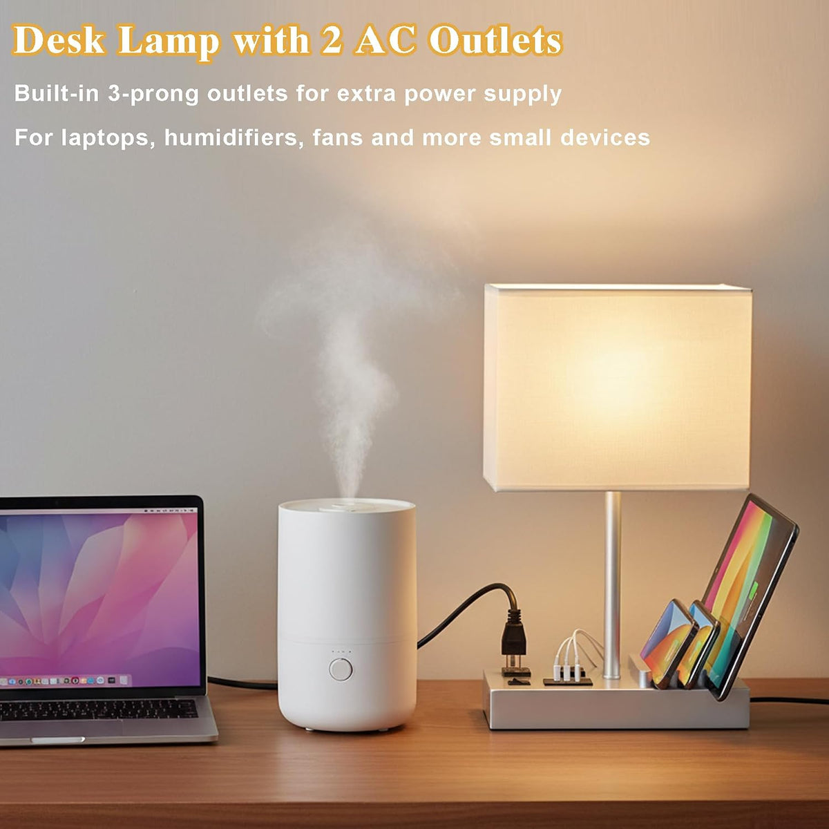USB Table Lamp, Multi-Functional Desk Lamp with 2 AC Outlets, Bedside Lamp with 3 USB Charging Ports and Wooden Phone Stands, Nightstand Lamp for Bedroom, Livingroom, Office, Linen Shade