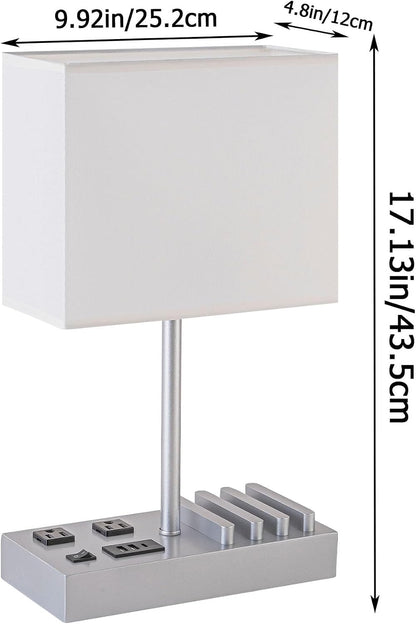 USB Table Lamp, Multi-Functional Desk Lamp with 2 AC Outlets, Bedside Lamp with 3 USB Charging Ports and Wooden Phone Stands, Nightstand Lamp for Bedroom, Livingroom, Office, Linen Shade