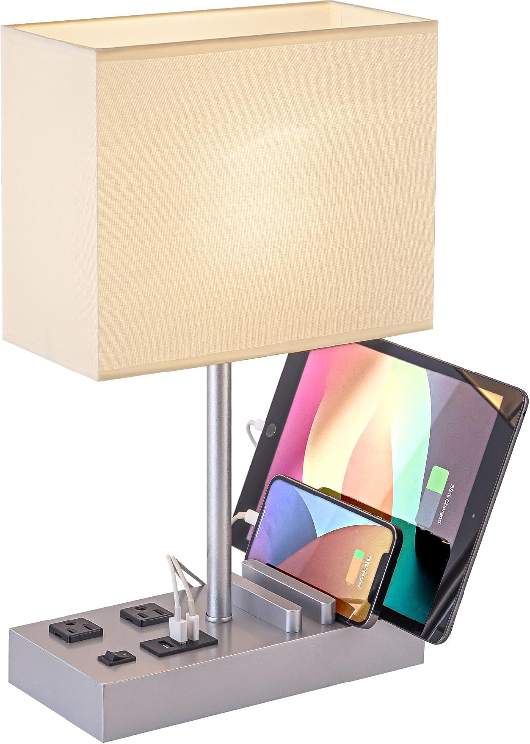 USB Table Lamp, Multi-Functional Desk Lamp with 2 AC Outlets, Bedside Lamp with 3 USB Charging Ports and Wooden Phone Stands, Nightstand Lamp for Bedroom, Livingroom, Office, Linen Shade