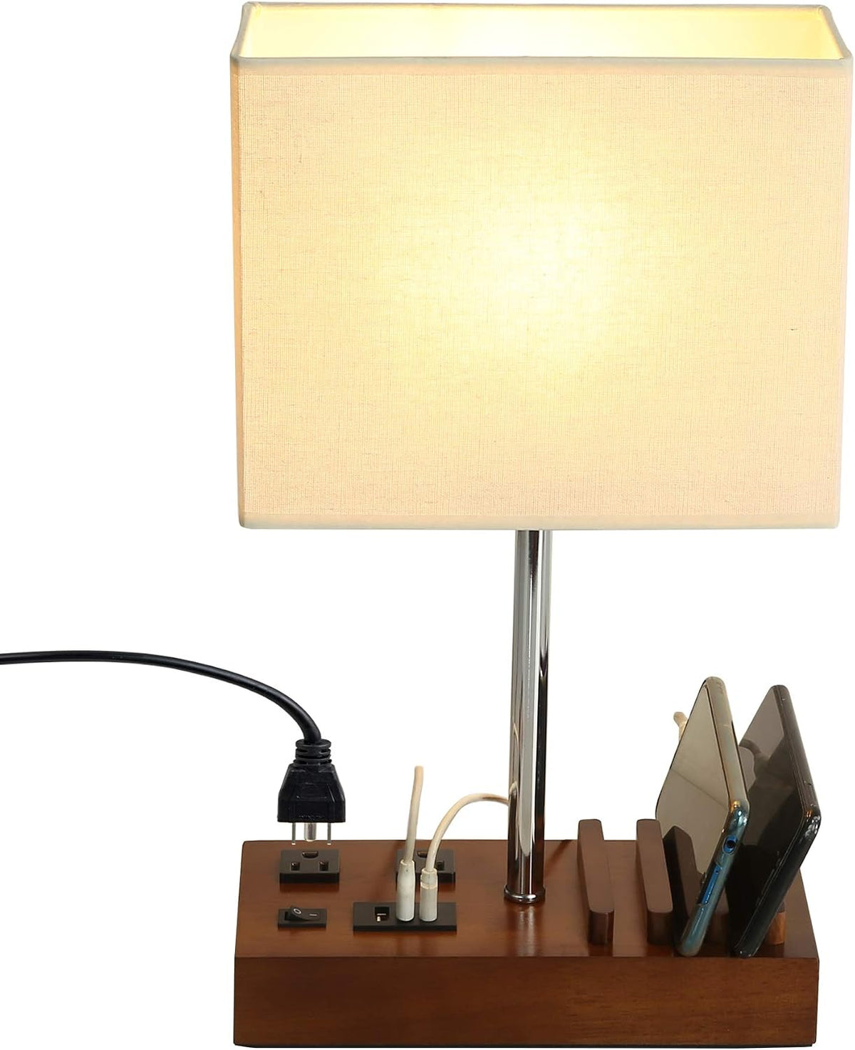 USB Table Lamp, Multi-Functional Desk Lamp with 2 AC Outlets, Bedside Lamp with 3 USB Charging Ports and Wooden Phone Stands, Nightstand Lamp for Bedroom, Livingroom, Office, Linen Shade
