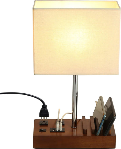 USB Table Lamp, Multi-Functional Desk Lamp with 2 AC Outlets, Bedside Lamp with 3 USB Charging Ports and Wooden Phone Stands, Nightstand Lamp for Bedroom, Livingroom, Office, Linen Shade