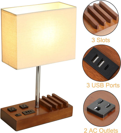 USB Table Lamp, Multi-Functional Desk Lamp with 2 AC Outlets, Bedside Lamp with 3 USB Charging Ports and Wooden Phone Stands, Nightstand Lamp for Bedroom, Livingroom, Office, Linen Shade