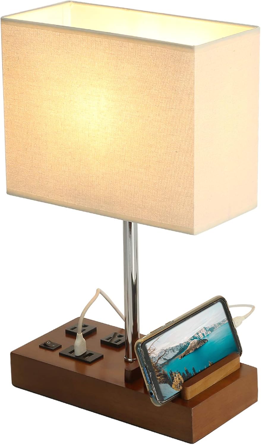 USB Table Lamp, Multi-Functional Desk Lamp with 2 AC Outlets, Bedside Lamp with 3 USB Charging Ports and Wooden Phone Stands, Nightstand Lamp for Bedroom, Livingroom, Office, Linen Shade