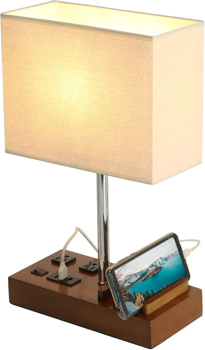 USB Table Lamp, Multi-Functional Desk Lamp with 2 AC Outlets, Bedside Lamp with 3 USB Charging Ports and Wooden Phone Stands, Nightstand Lamp for Bedroom, Livingroom, Office, Linen Shade