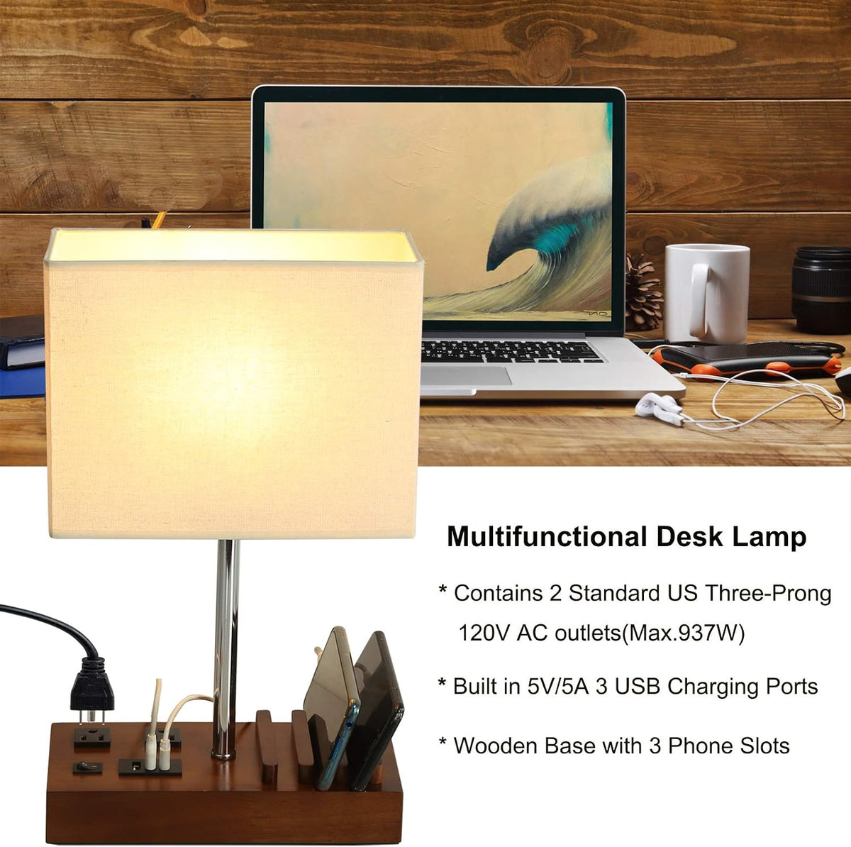 USB Table Lamp, Multi-Functional Desk Lamp with 2 AC Outlets, Bedside Lamp with 3 USB Charging Ports and Wooden Phone Stands, Nightstand Lamp for Bedroom, Livingroom, Office, Linen Shade
