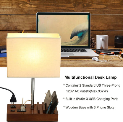 USB Table Lamp, Multi-Functional Desk Lamp with 2 AC Outlets, Bedside Lamp with 3 USB Charging Ports and Wooden Phone Stands, Nightstand Lamp for Bedroom, Livingroom, Office, Linen Shade