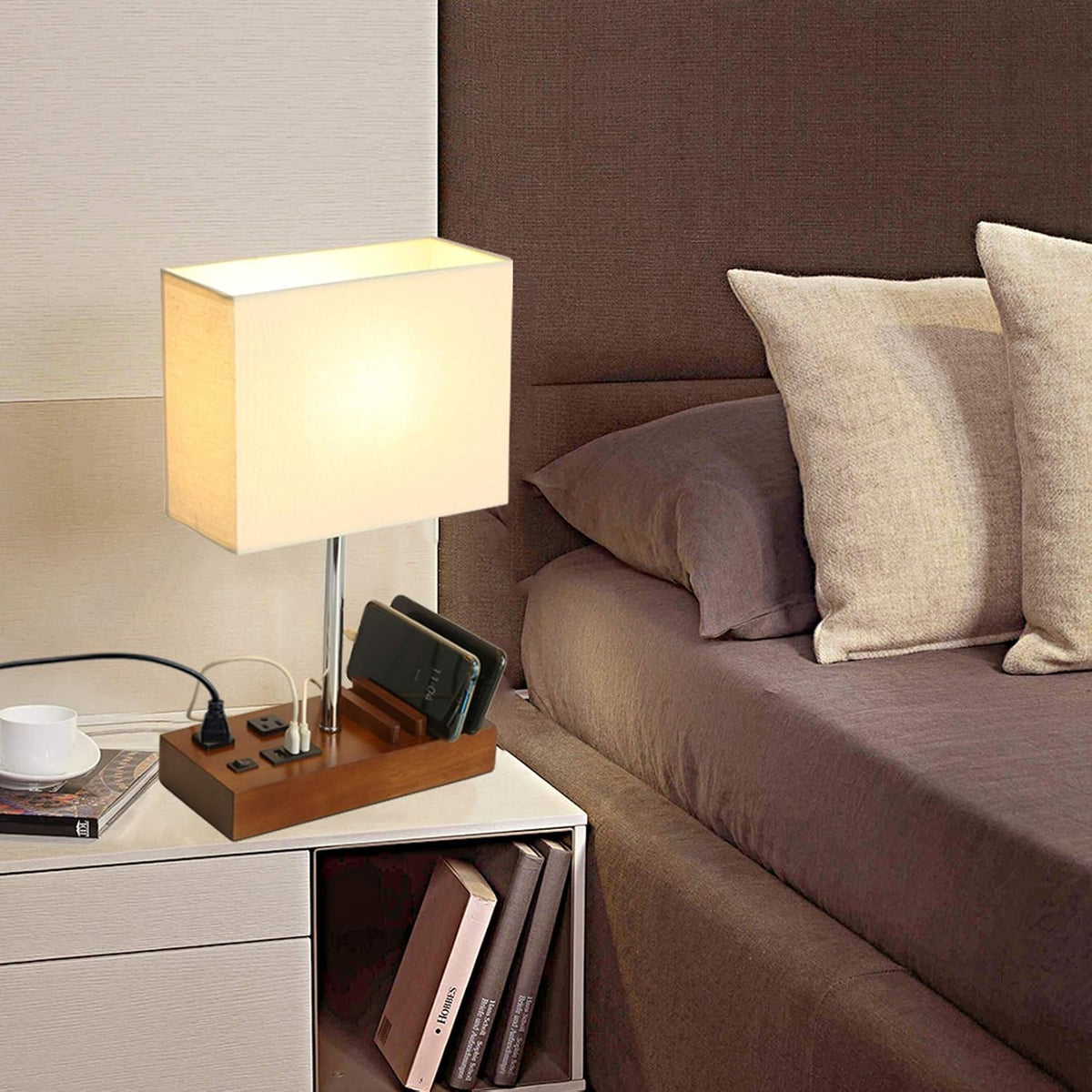 USB Table Lamp, Multi-Functional Desk Lamp with 2 AC Outlets, Bedside Lamp with 3 USB Charging Ports and Wooden Phone Stands, Nightstand Lamp for Bedroom, Livingroom, Office, Linen Shade
