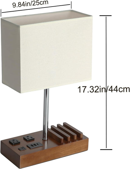 USB Table Lamp, Multi-Functional Desk Lamp with 2 AC Outlets, Bedside Lamp with 3 USB Charging Ports and Wooden Phone Stands, Nightstand Lamp for Bedroom, Livingroom, Office, Linen Shade