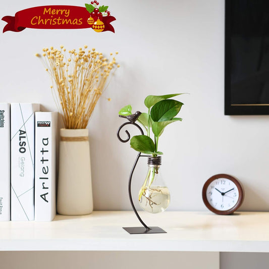 Desktop Glass Planter Hydroponics Vase,Planter Bulb Vase with Holder for Home Decoration,Modern Creative Bird Plant Terrarium Stand, Scindapsus Container (Bulb Vase)