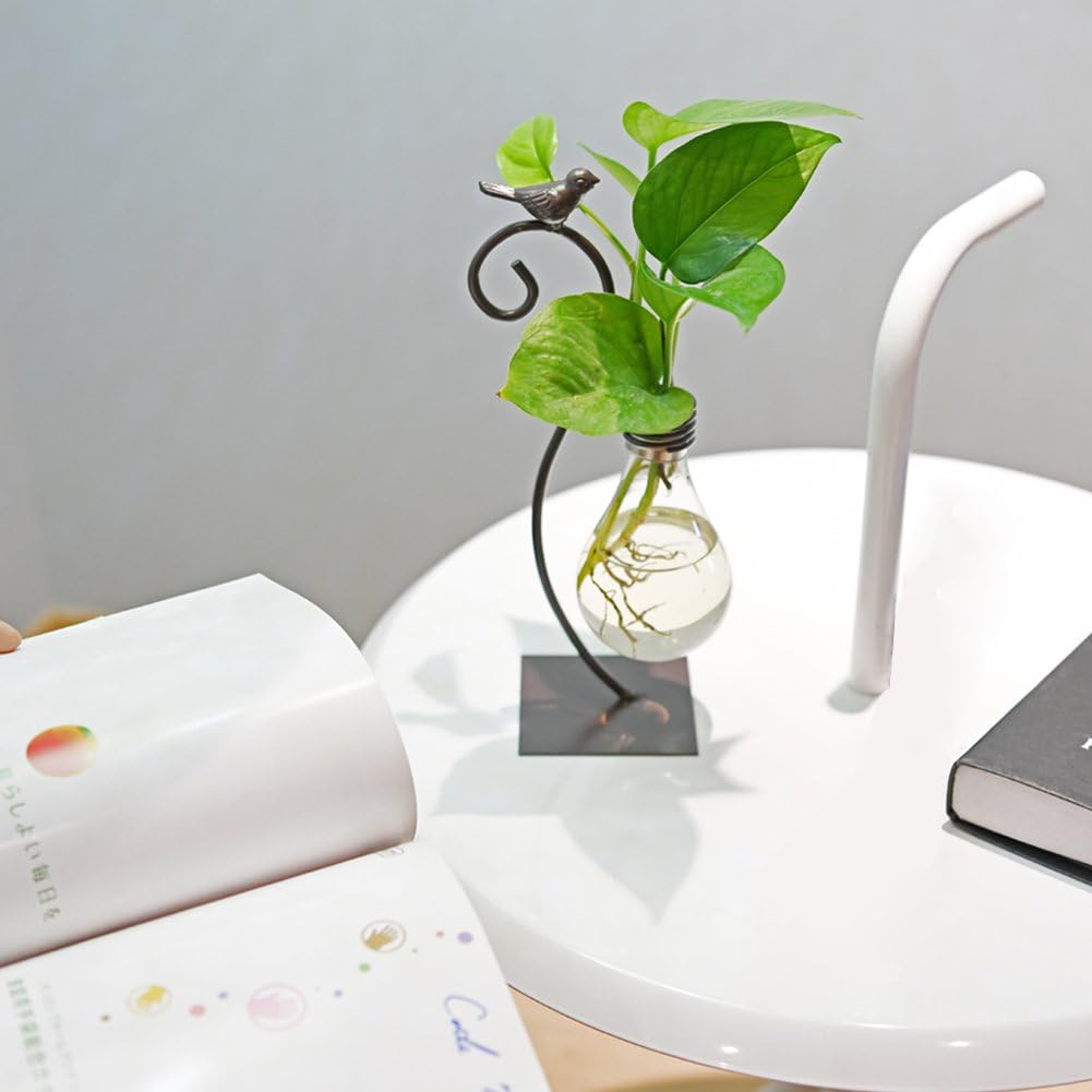 Desktop Glass Planter Hydroponics Vase,Planter Bulb Vase with Holder for Home Decoration,Modern Creative Bird Plant Terrarium Stand, Scindapsus Container (Bulb Vase)